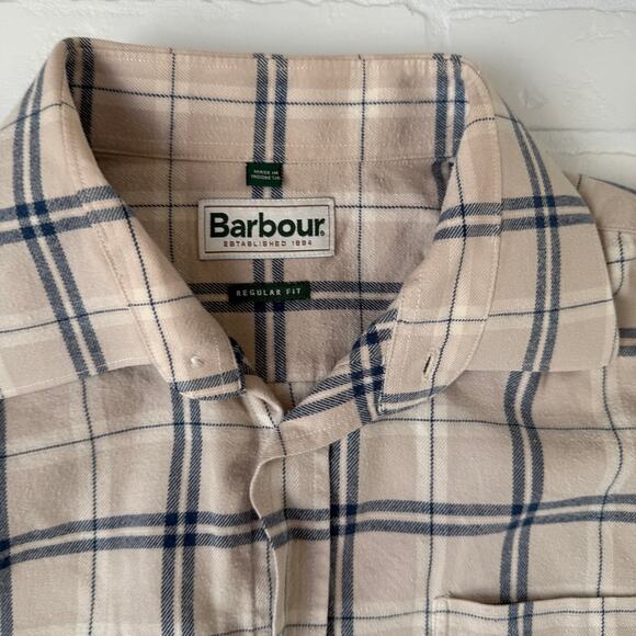 Barbour Men's Beige and Navy Plaid 100% Cotton Flannel Long Sleeve Shirt sz L - Picture 3 of 6